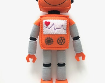 Lindo robot de fieltro de felpa de pie naranja y gris