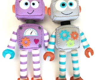 Plush Felt Robot,Purple With Purple Striped Legs/Arms,Gray With Turquoise Striped Legs/Arms.