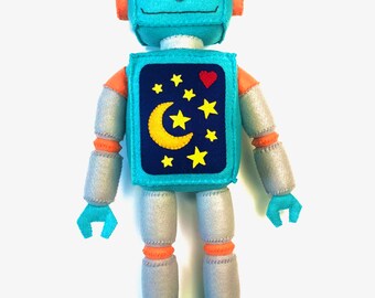 Cute Blue and Grey Standing Plush Felt Robot With Sleepy Eyes.