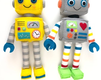 Plush Felt Robot,Yellow With Striped Legs/Arms,Gray With Striped Legs/Arms.