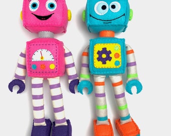 Plush Felt Robot,Pink With Purple Striped Legs/Arms,Turquoise With Rainbow Legs/Arms.