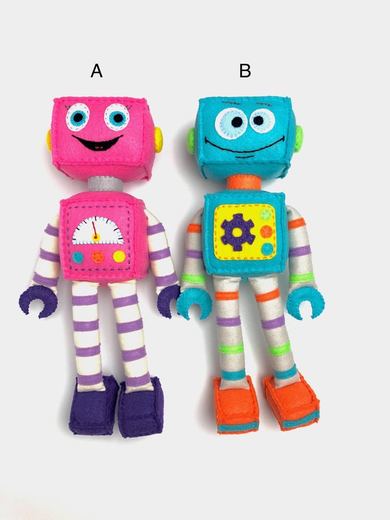 Plush Felt Robot,Pink With Purple Striped Legs/Arms,Turquoise With Rainbow 