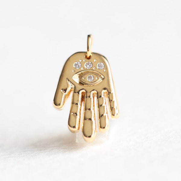 Gold Hamsa Fatima Evil Eye CZ Charm - gold plated brass pendant, happiness lucky protection hand, wholesale beads, jewelry making supply