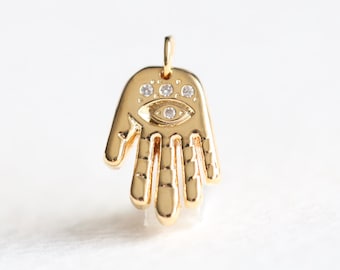 Gold Hamsa Fatima Evil Eye CZ Charm - pendentif en laiton plaqué or, main de protection chanceuse de bonheur, perles en gros, fourniture de fabrication de bijoux