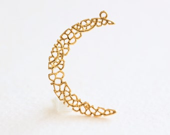 Vermeil Gold Filigree Crescent Charm - Plaqué or 18 carats sur argent sterling 925, grand pendentif lune avec motif mosaïque, fourniture Luxem