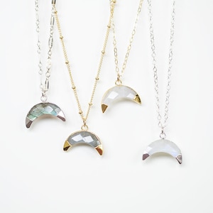 Crescent Double Horn Gemstone Charm - white moonstone or gray labradorite natural gem stone in gold or silver pendant