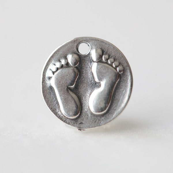 Sterling Silver Baby Foot Print Disc Charm - 925 silver feet embossed onto round disk