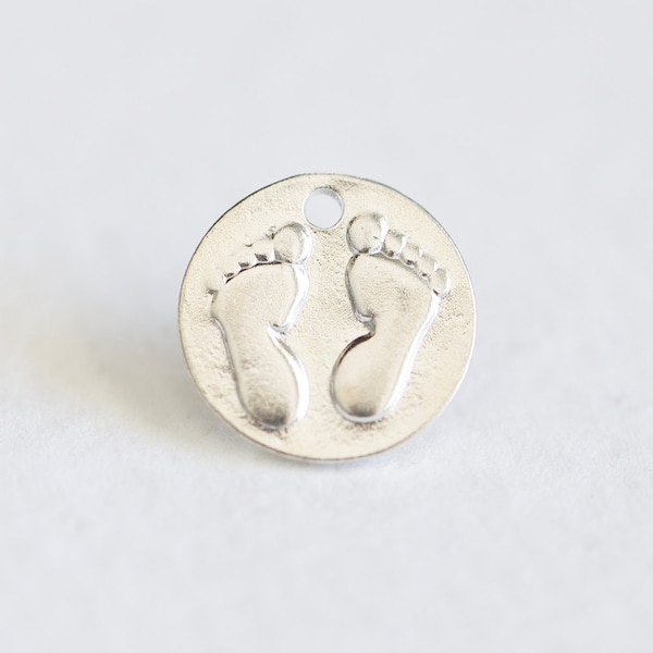 Sterling Silver Baby Foot Print Disc Charm - 925 silver feet embossed onto round disk, new birth, birthday, celebration, congratulations