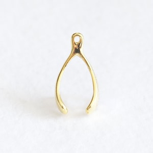 Puede incluir: Un dije de hueso de la suerte dorado, un símbolo de esperanza y buena fortuna. El dije tiene un lazo en la parte superior para sujetarlo fácilmente a un collar o pulsera. El hueso de la suerte es un diseño clásico.