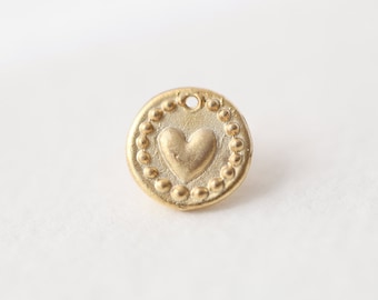 Gold Heart Disc Tag Charm - vermeil 18k gold plated over sterling silver, small heart disc pendant