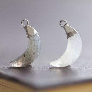 Crescent Labradorite or Moonstone Charm - white or gray natural gemstone in silver, luxem supply, wish moon double horn fantasy astrology