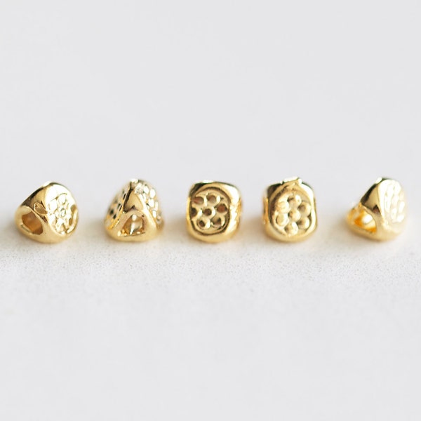 Teeny Tiny Gold Nuggets Beads - vermeil gold, 5 pieces dainty little nuggets with flower print, 18k gold plated over sterling silver