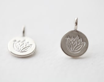 Sterling Silver Lotus Flower Disc Tag Charms - sterling silver water lily, tulip, floral circle discs