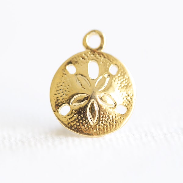 Small Vermeil Gold Sand Dollar Charm - 18k gold plated over 925 sterling silver, 15mm sand dollar pendant, ocean marine sea life creature