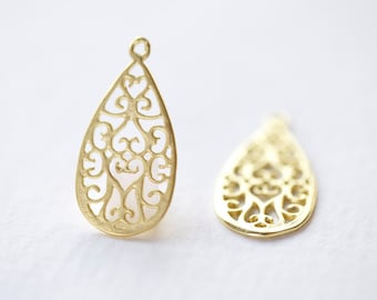 Gold Vermeil Filigree Teardrop Earring Finding - 18k gold plated over sterling silver, ornate water drop shape pendant