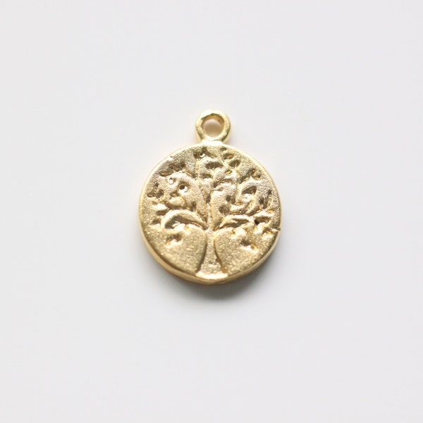 Vermeil Tree of Life and Flower Tag Disc Circle Charm - 11mm gold dipped sterling silver tree and flower tag charm