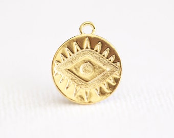 13mm Evil Eye Circle Disc Charm - 18k gold plated vermeil or sterling silver protection eye of Ra round pendant, luxem supply etsy