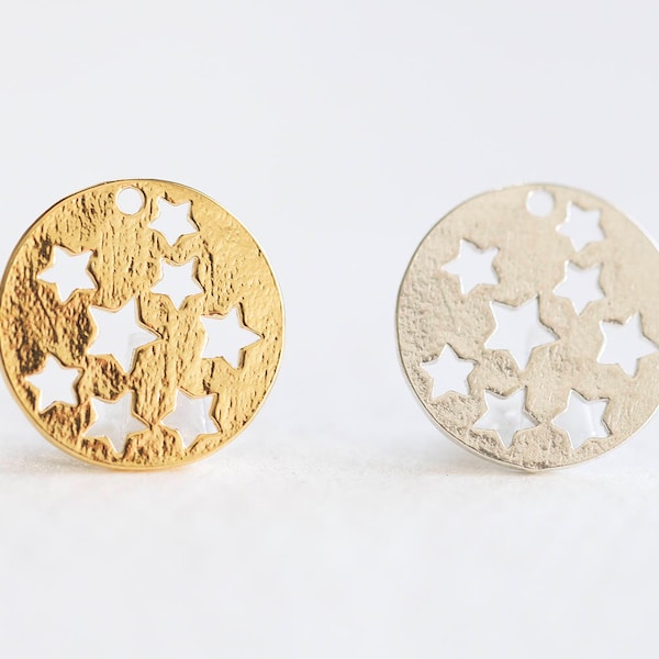 Star Circle Connector Charm - vermeil gold or sterling silver 15mm round circle with cut-out stars, starry night dream wish sky pendant link