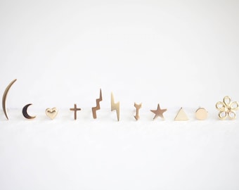 1 Pair Gold Filled Earrings - crescent moon, heart, cross, lightening bolt, arrow, star, triangle, circle, flower post stud earrings