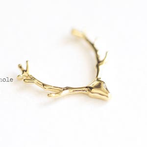 May include: A gold-colored, twig-shaped jewelry piece with a curved design. The jewelry has a textured surface and a small hole. The word "hole" is printed in black near the jewelry.