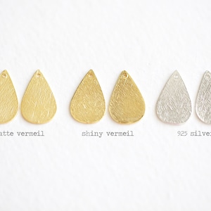 Brushed Teardrop Charm 2pcs textured 19mm flat teardrop pendant, vermeil gold or 925 sterling silver water drop, droplet shape charm image 1