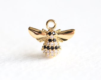 Gold Bumble bee CZ Charm - honey bee cubic zirconia pendant, black and white sparkling hardworking insect, wholesale beads, jewelry making