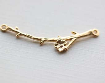 Flower Twig Branch Long Gold Charm - 18k gold plated over sterling silver, cherry blossom, connector, link