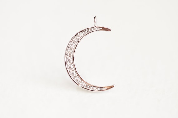 Silver Crescent with CZ Accent - rhodium plated over brass with cubic zirconia pave, attached bail, cute and fashionable