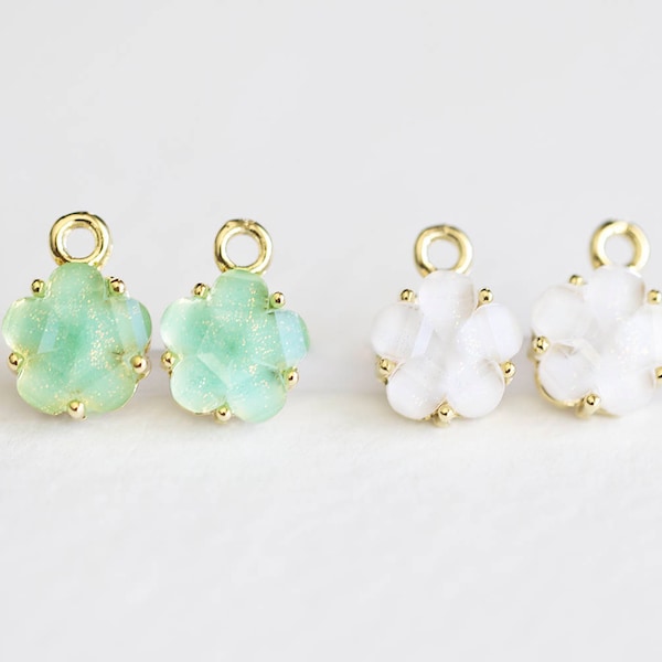 Celadon Green or Milky White Flower Charm - faceted cherry blossom set on gold frame, sparkling and shiny, gold speckles, nature beads