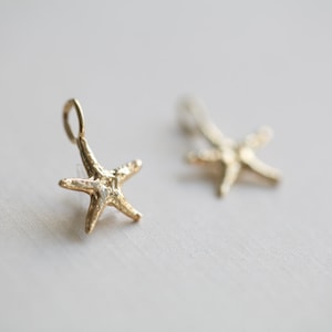 Op de afbeelding: Twee kleine, goudkleurige zeesterbedels. Eén bedel is scherp, met een gedetailleerde zeestervorm met een lus om op te hangen. De andere bedel is iets onscherp. De bedels liggen op een lichtgekleurd oppervlak.