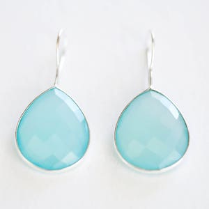 Aqua Chalcedony Sterling Silver Teardrop Earrings - sea green faceted briolette chalcedony water drop, 925 silver natural gemstone earrings