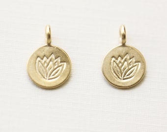 Small Vermeil Lotus Flower Disc Charms - 2 pcs 18k gold plated over sterling silver, water lily, tulip, floral circle discs tag