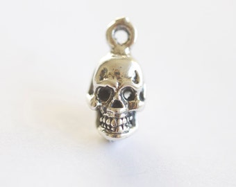 May include: A silver skull charm with a loop at the top for attaching to a necklace or bracelet.