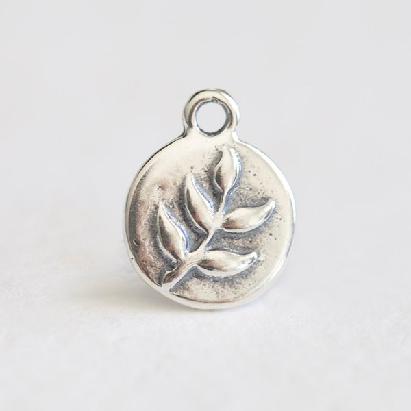 Sterling Silver Foliage Leaf Embossed 11mm Round Circle Charm - leaf branch stamped on a round disc charm, 925 sterling silver