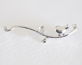 Sterling Silver Skinny Branch and a Bird Connector - 925 silver, tiny bird on a twig with flower