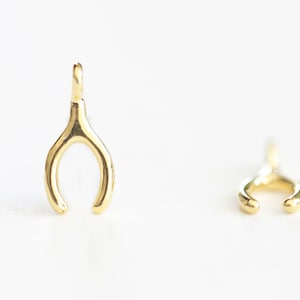 May include: Two gold-colored wishbone charms. The charms are small and delicate, and they would be perfect for adding a touch of whimsy to a necklace or bracelet.