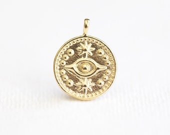 Evil Eye Circle Disc Charm - 18k gold plated vermeil or sterling silver 14mm round ornate decorative eye of Ra pendant, luxem supply etsy