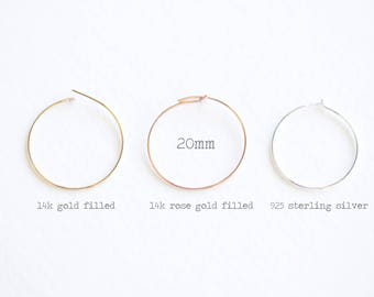 20mm 14k Gold Filled, 14k Rose Gold Filled, or Sterling Silver Hoops - 2 pairs 3/4 inch, 21 gauge hoops, earring findings, circle hoops