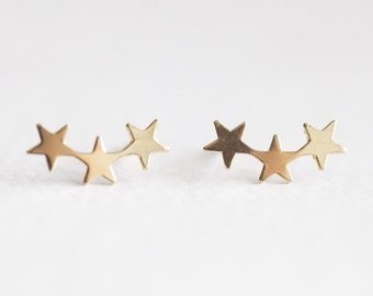 Escalada de orejas de estrella llena de oro - 14k oro lleno, 14k gf 21 calibre 4x14mm 3 estrellas, tres pendientes de estrella fugaz, delicado de moda, luxem