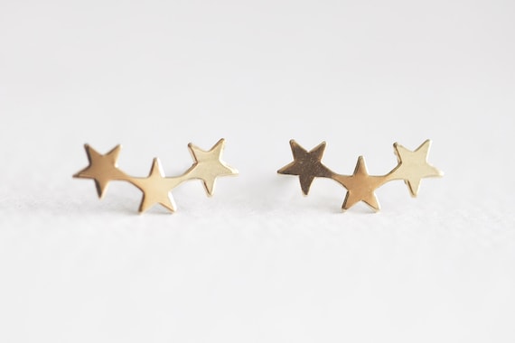 Gold Filled Star Ear Climber - 14k gold filled, 14k gf 21 gauge 4x14mm 3 stars, three shooting star stud earrings, delicate trendy, luxem