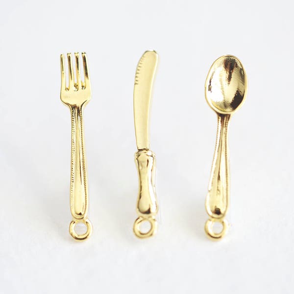 Vermeil Gold Fork, Knife, Spoon Whimsical Charm - table setting kitchen eating utensils, flatware, cutlery, dining set, fun gold findings