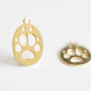Dog paw Silhouette Matte Gold Vermeil Charm - 2pcs animal foot print cutout round oval charm pendant, small dainty jewelry finding