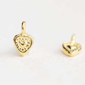 Tiny Gold Heart Charms with Round Bail - 2 pcs small dainty yellow vermeil gold charms, 18k gold plated over sterling silver