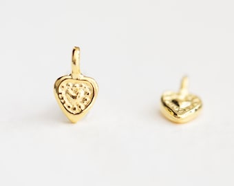 Tiny Gold Heart Charms with Round Bail - 2 pcs small dainty yellow vermeil gold charms, 18k gold plated over sterling silver