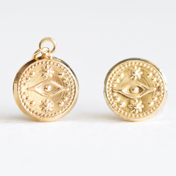 1pcs Gold Filled or Sterling Silver Evil Eye Circle Disc Charm -14kgf 10mm x 3mm small round eye of Ra pendant reversable, luxem supply etsy