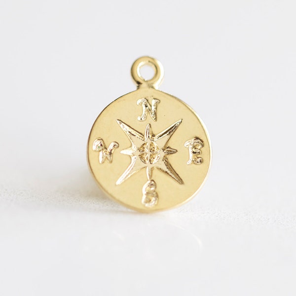Vermeil Gold Small Compass Charm - yellow gold over silver, circle disc, north south east west direction, navigation, magnetic pole