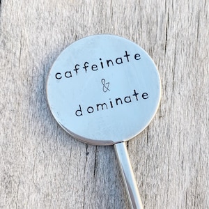Puede incluir: Una cuchara de café plateada con las palabras "caffeinate & dominate" estampadas en la cara redonda. La cuchara tiene un mango largo y está sobre una superficie de madera envejecida.