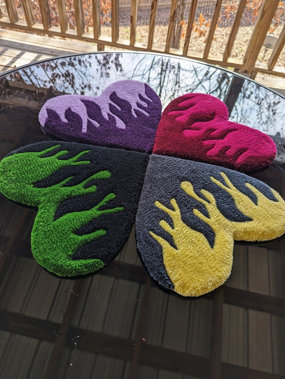 Small Flaming Heart Handmade Tuft Rug MULTIPLE COLORS AVAILABLE