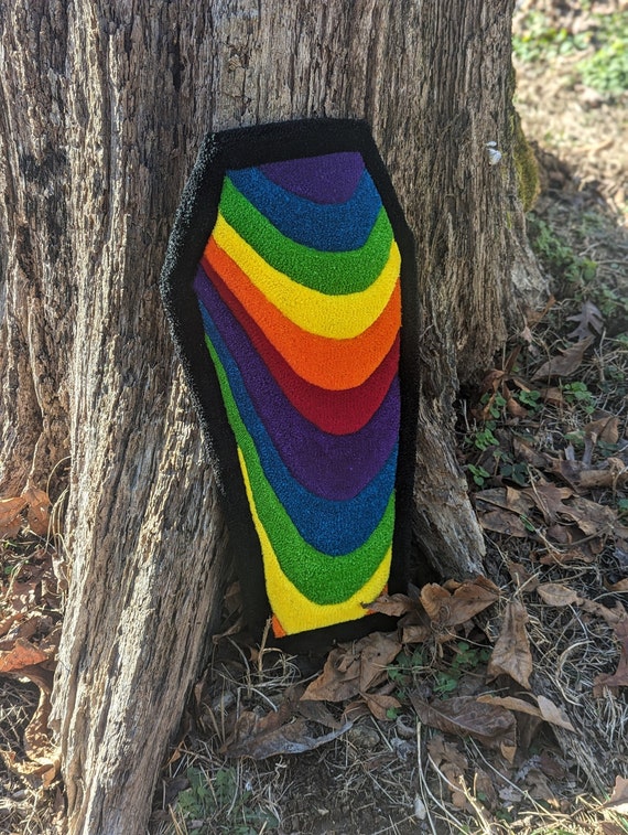 Coffin-Shaped Rainbow Portal Tufted Rug: Unique Gothic Decor