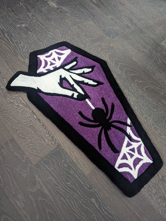 Made-to-Order Witch Hand & Spiderweb Coffin Tufted Rug – Spooky Gothic Decor
